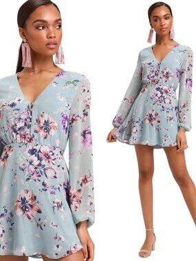 NWT Lulus Always Yours Blue Floral Long Sleeve Skater Dress Derby Graduation